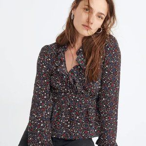 Madewell Silk Ruffle-Hem Wrap Top in Starry Night